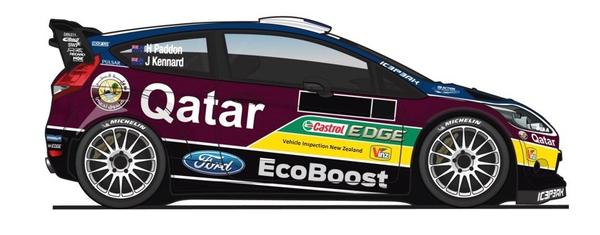 The Ford Fiesta RS world rally car bearing the names of New Zealand's top rally drivers: Hayden Paddon and John Kennard